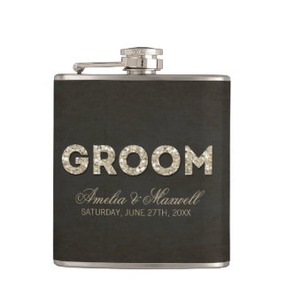 Black & Gold Glitter Look Groom Flask
