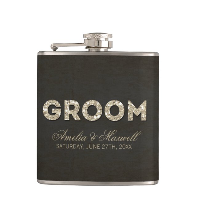 Black & Gold Glitter Look Groom Flask (Front)