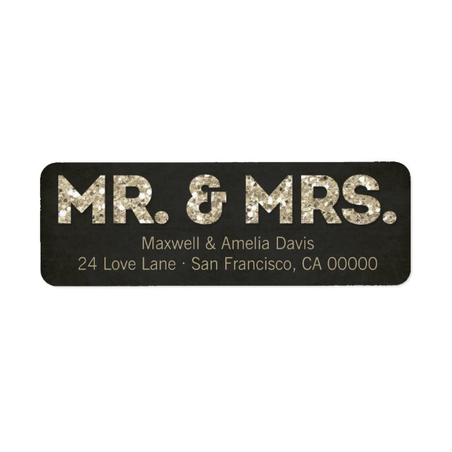 Black & Gold Glitter Look Mr. & Mrs. Labels (Front)