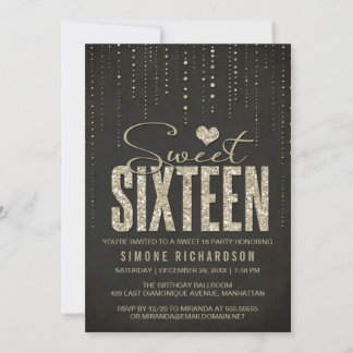 Black & Gold Glitter Look Sweet 16 (Sixteen) Party Invitation