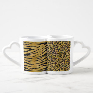 BLACK & GOLD GLITTER LOOK TIGER & LEOPARD PATTERNS COFFEE MUG SET