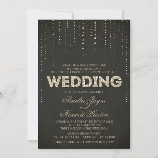 Black & Gold Glitter Look Wedding Invitation (Front)