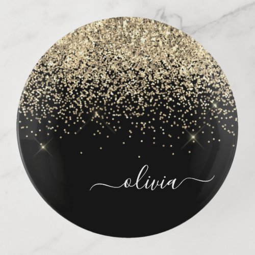 Black Gold Glitter Luxury Monogram Name Trinket Tray