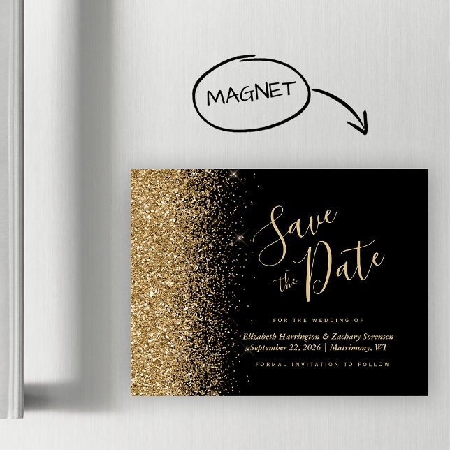 Black Gold Glitter Magnetic Wedding Save the Date (Creator Uploaded)