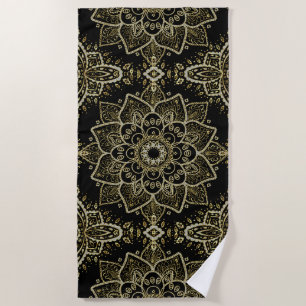 Black & Gold Glitter Mandala Design Beach Towel