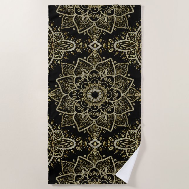 Black & Gold Glitter Mandala Design Beach Towel (Front)