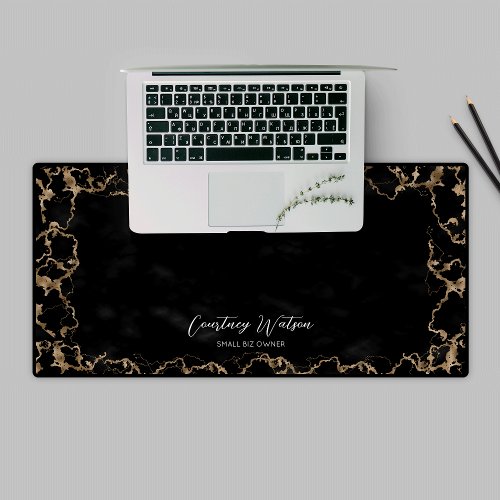 Black  Gold Glitter Marble Calligraphy Logo Lux Desk Mat