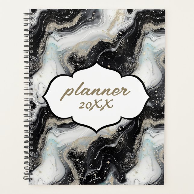 Black Gold Glitter Marble Modern  Planner (Front)