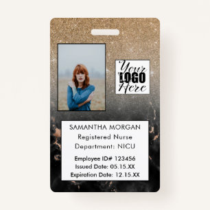 Black Gold Glitter Marble Photo Logo Employee ID Badge