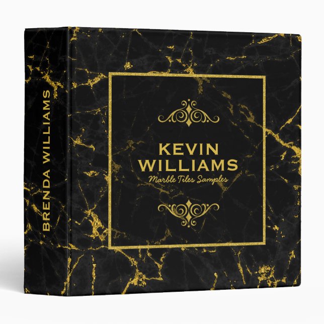 Black & Gold Glitter Marble Texture Print 3 Ring Binder (Front/Spine)