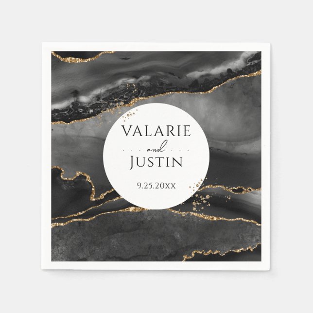 Black Gold Glitter Marble Wedding  Napkins (Front)