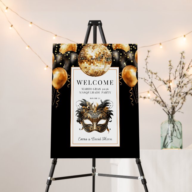 Black Gold Glitter Mardi Gras 2026 Party Foam Board (In Situ (Stand))