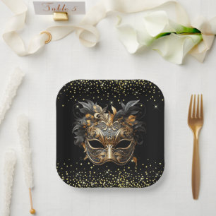 Black Gold Glitter Mardi Gras Paper Plate