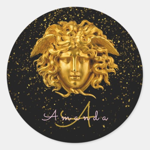 Black Gold Glitter Medusa Script Haute Couture Classic Round Sticker