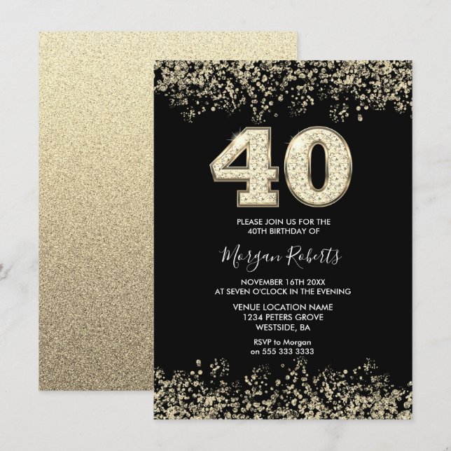 Black Gold Glitter Mens Womans 40th Birthday Party Invitation (Front/Back)