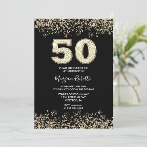 Black Gold Glitter Mens Womans 50th Birthday Party Invitation | Zazzle