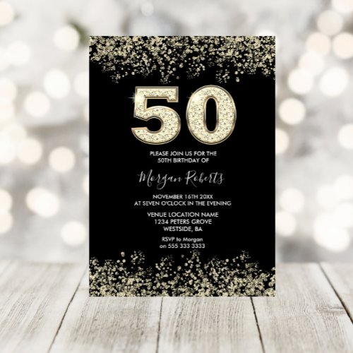 Black Gold Glitter Mens Womans 50th Birthday Party Invitation