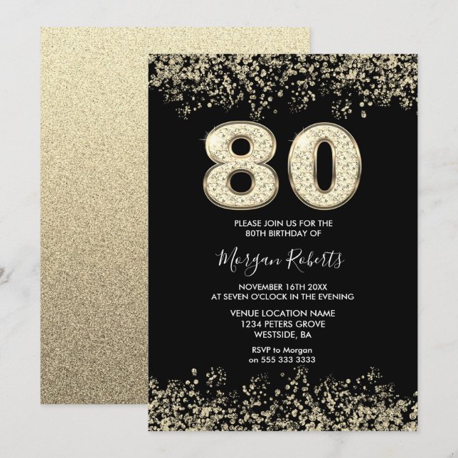 Black Gold Glitter Mens Womans 80th Birthday Party Invitation (Front/Back)