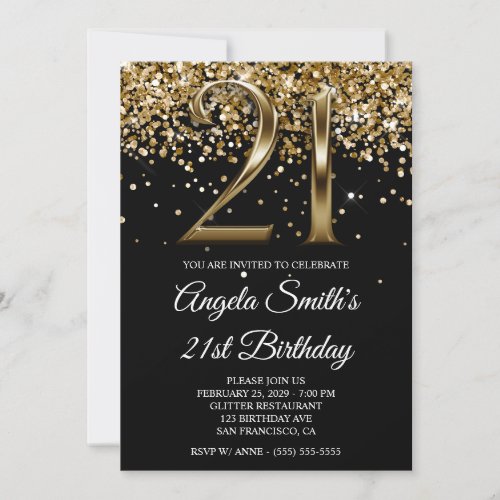 Black Gold Glitter Metallic Look 21st Birthday Invitation