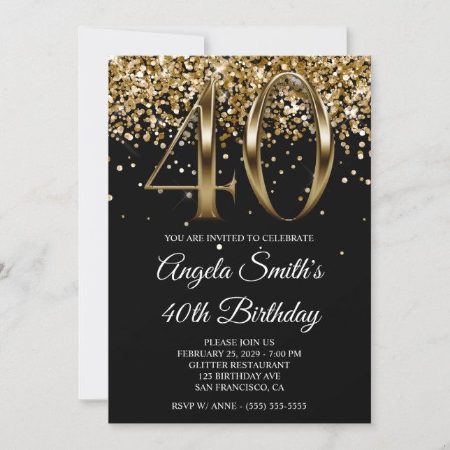 Black Gold Glitter Metallic Look 40th Birthday Invitation (Front)