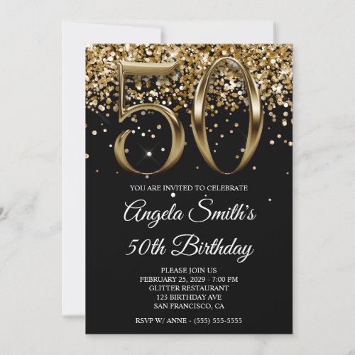 Black Gold Glitter Metallic Look 50th Birthday Invitation
