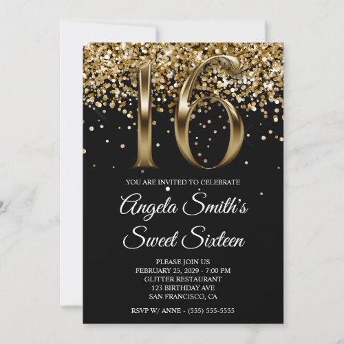 Black Gold Glitter Metallic Look Sweet 16 Invitation
