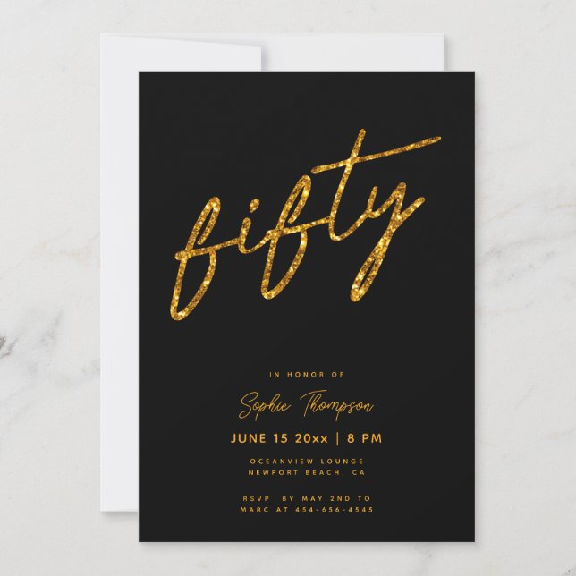 Black Gold Glitter Minimalist Elegant 50 Birthday Invitation (Front)