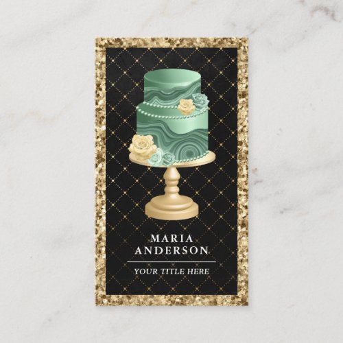 Black Gold Glitter Mint Green Floral Cake Bakery Business Card