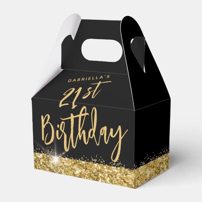 Black Gold Glitter Modern Birthday Party Favor Boxes (Front Side)