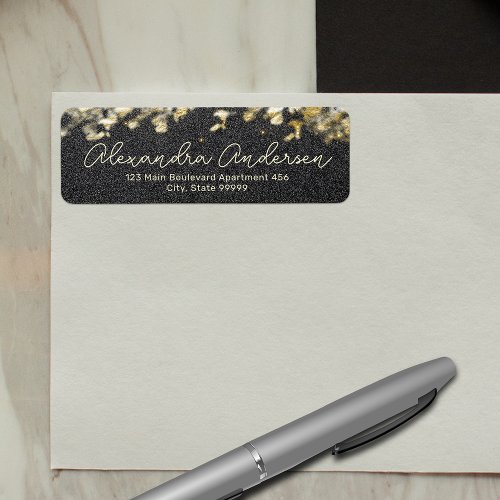 Black Gold Glitter Modern Glam Chic Script Label