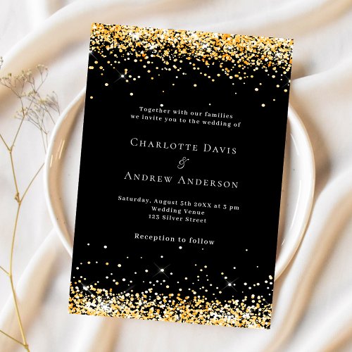 Black gold glitter modern wedding invitation