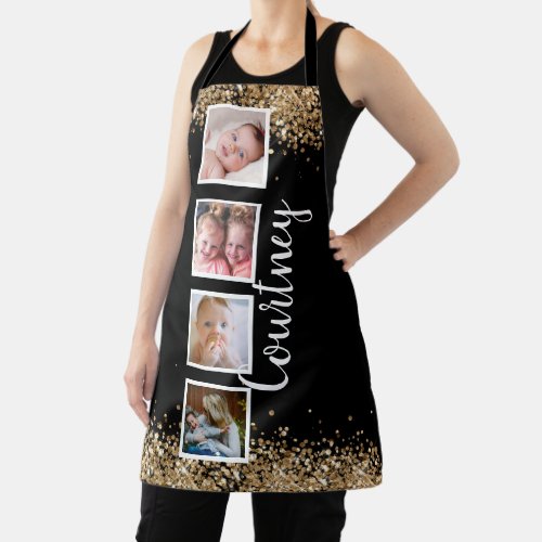 Black gold glitter monogram custom name apron