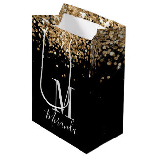 Black gold glitter monogram custom name medium gift bag