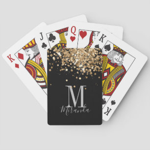 Black gold glitter monogram custom name poker cards