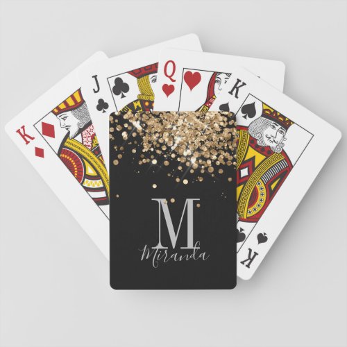 Black gold glitter monogram custom name poker cards