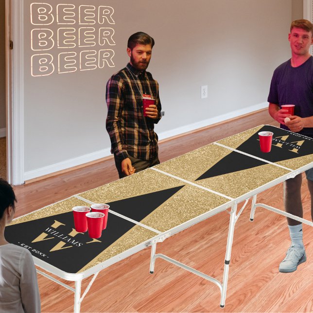 Black & Gold Glitter Monogram Family Beer Pong Table (Black & Gold Glitter Monogram Family Beer Pong Table)