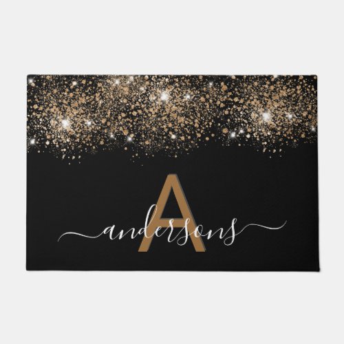 Black gold glitter monogram family name doormat