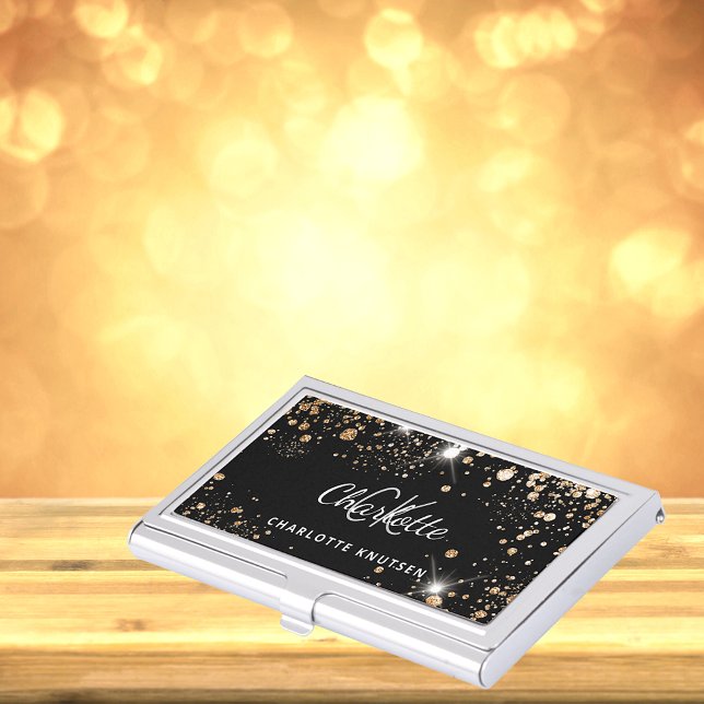 Black gold glitter monogram initails name business card case (Creator Uploaded)