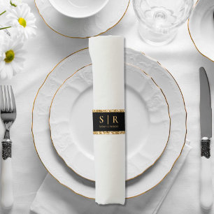Black & Gold Glitter Monogram Initial Wedding Napkin Bands