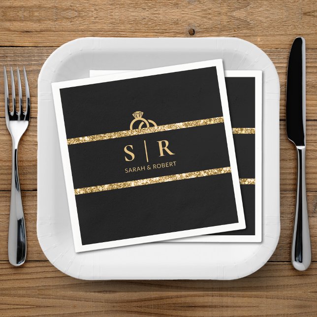 Black & Gold Glitter Monogram Initial Wedding Napkins (Black & Gold Glitter Monogram Initial Wedding Napkins)