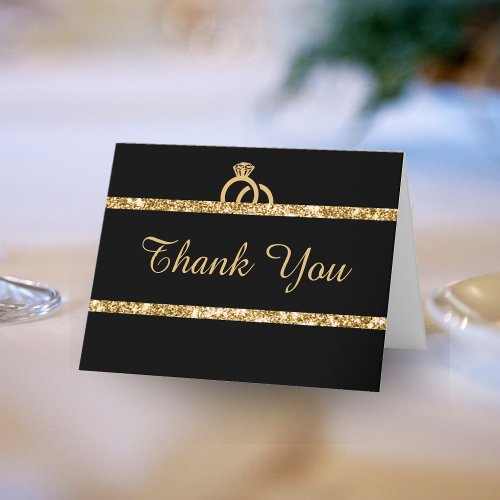 Black  Gold Glitter Monogram Initial Wedding Thank You Card