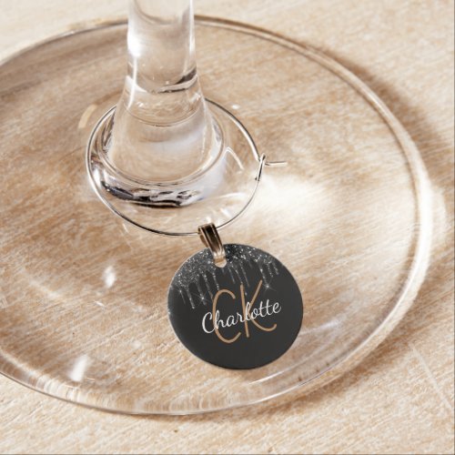 Black gold glitter monogram initials name wine charm