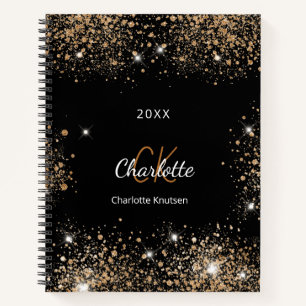 Black gold glitter monogram initials notebook