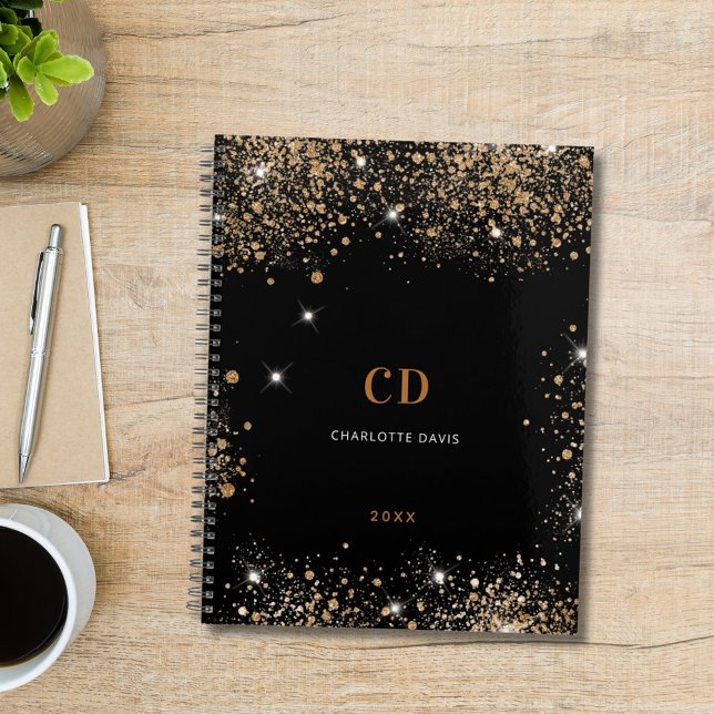 Black gold glitter monogram initials notebook (Creator Uploaded)