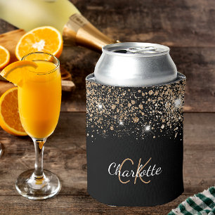 Black gold glitter monogram name chic sparkle can cooler