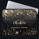 Black gold glitter monogram name glam laptop sleeve<br><div class="desc">A stylish black classic background. Decorated with faux gold glitter dust. Personalize and add your first name,  monogram initials and full name. The name is written with a hand lettered style script.</div>