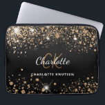 Black gold glitter monogram name glam laptop sleeve<br><div class="desc">A stylish black classic background. Decorated with faux gold glitter dust. Personalize and add your first name,  monogram initials and full name. The name is written with a hand lettered style script.</div>