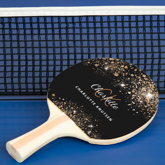 Black gold glitter monogram name glitter ping pong paddle (Insitu)