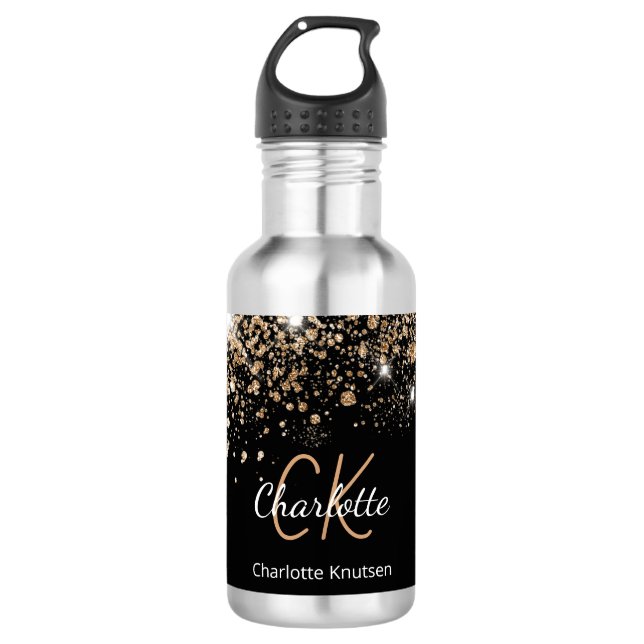 Black gold glitter monogram name sparkle stainless steel water bottle (Front)