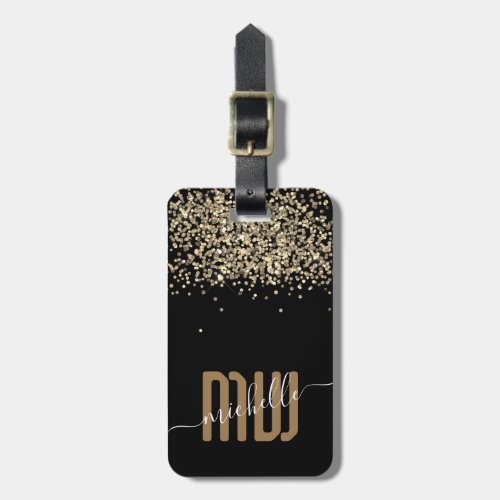 Black Gold Glitter Monogram Script Name Luggage Tag